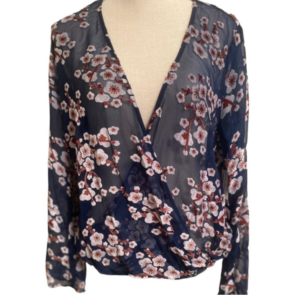 RAVISH BEYOND Women’s "Burnout" L/S Blouse Navy Silver Floral Size Large NEW